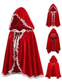 1pc Red Hooded Cape With Black Lace Trim, Little Red Riding Hood Costume, For Halloween Cosplay, Gothic Outfit, Carnival, Masquerade, Christmas Party And Stage Performance - Multicolor - View 4