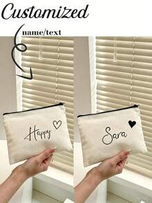 1pc Customized Unique Fashion Simple Letter Lightweight Pouch, Can Accommodate Phone, Cosmetic Bag, Coin Purse, Clutch, Travel Essential Cute Letter Name Text Logo - Beige - View 1