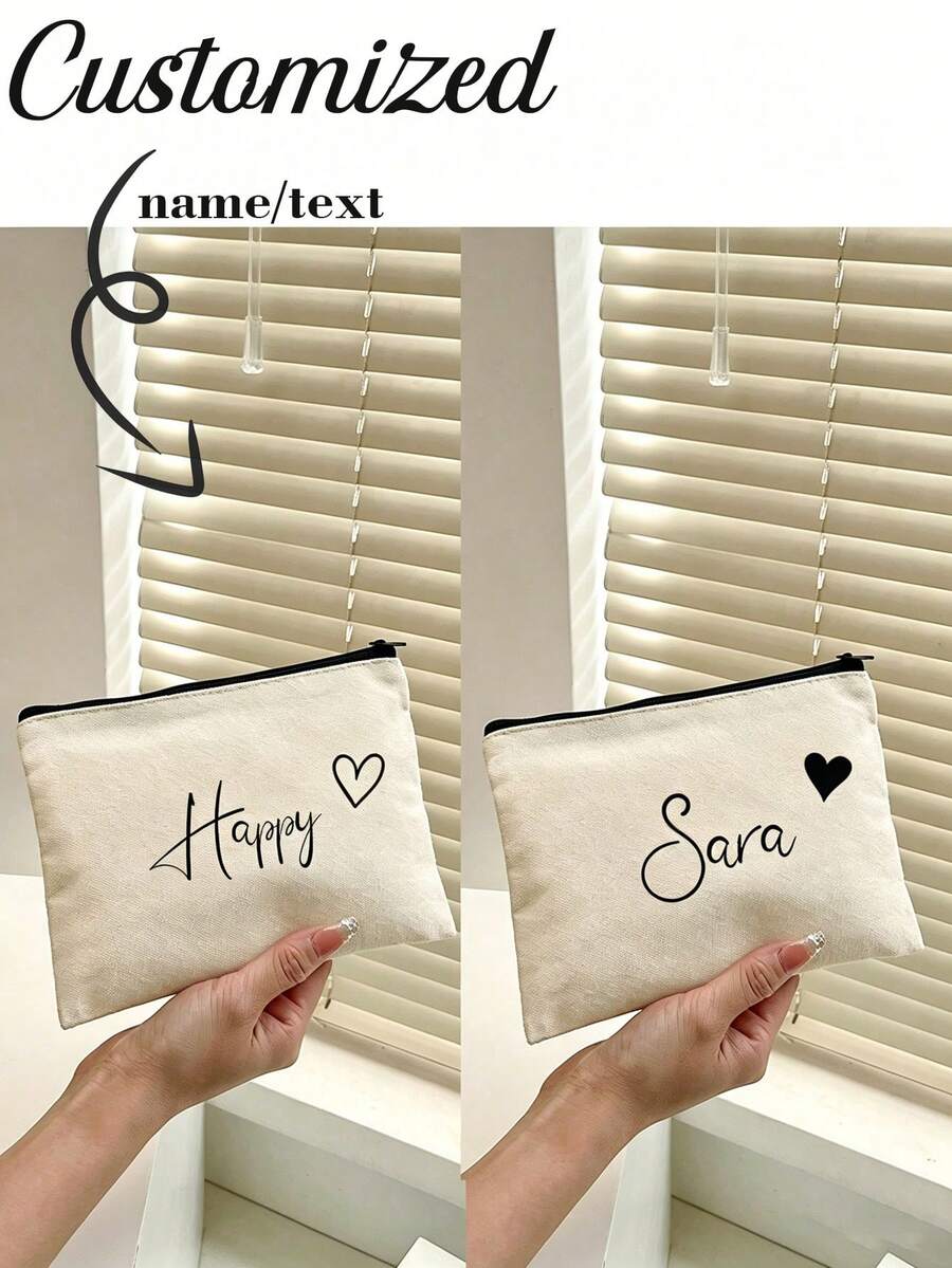 1pc Customized Unique Fashion Simple Letter Lightweight Pouch, Can Accommodate Phone, Cosmetic Bag, Coin Purse, Clutch, Travel Essential Cute Letter Name Text Logo - Beige - View 1