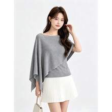 Summer Gentle Slouchy Asymmetrical Knit Top Solid Color Faux Two Pieces/Deconstructed T-Shirt For Evening Date, Daily Wear And Vacation - Grey - View 3