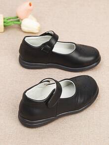 Girls' Embroidered Black Leather Mary Jane Shoes, Hook And Loop Soft Sole Anti-Slip School Student Shoes - Black - View 5