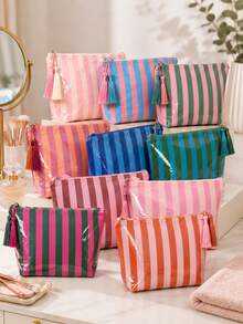 Personalized Striped Makeup Bag With Tassel, Portable Cosmetic Pouch For Travel, Makeup, Toiletries & Daily Beauty Storage, Gift For Girl - Multicolor - View 11