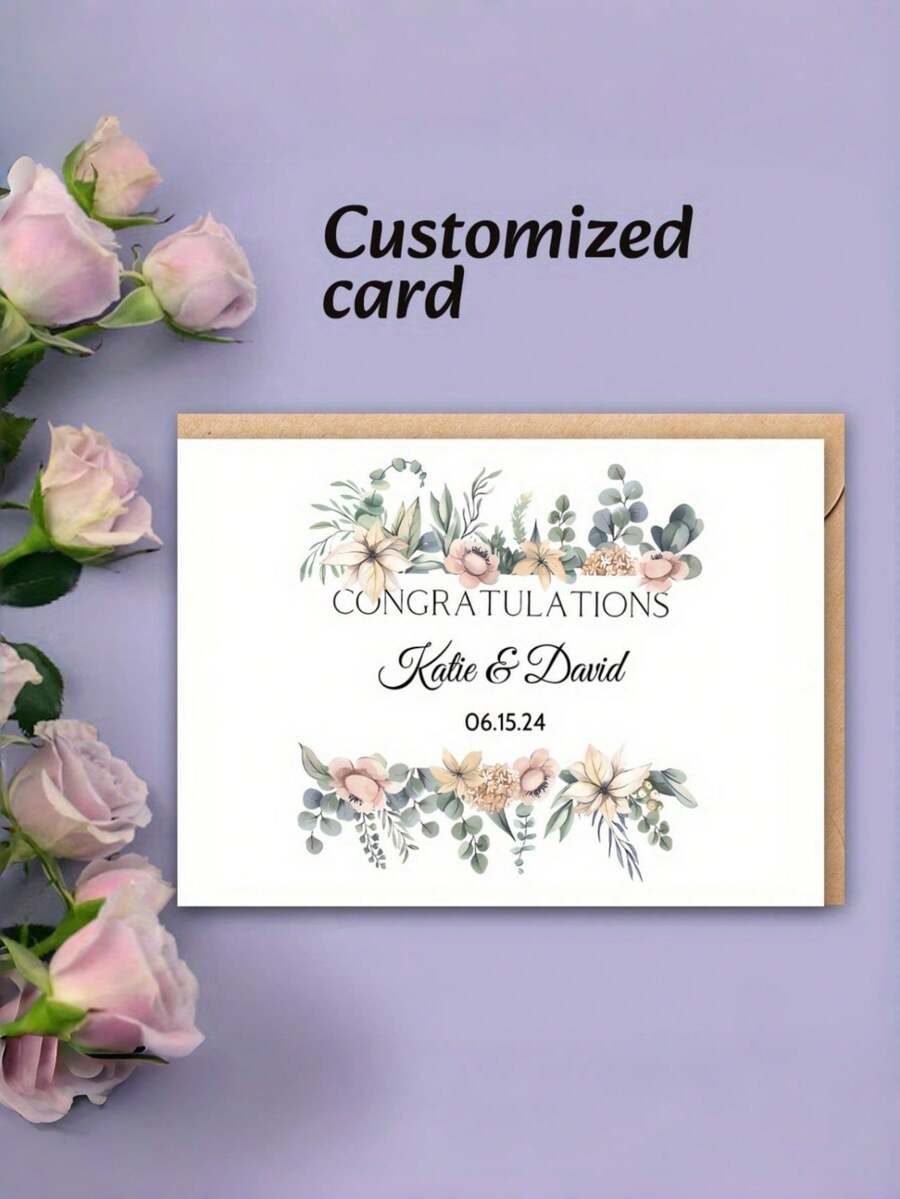 Customizable Wedding Greeting Card - Personalized Name And Date, Elegant Floral Design, Suitable For Engagement, Anniversary, Valentine's Day Or Special Occasions, Romantic Greetings | Watercolor Illustration | Floral Pattern Card - Multicolor - View 1