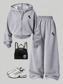 Set Pakaian Kasual Sehari-hari untuk Remaja Perempuan: Hoodie Lengan Panjang Bermotif Kuda dengan Resleting dan Celana Olahraga - Grey - View 1