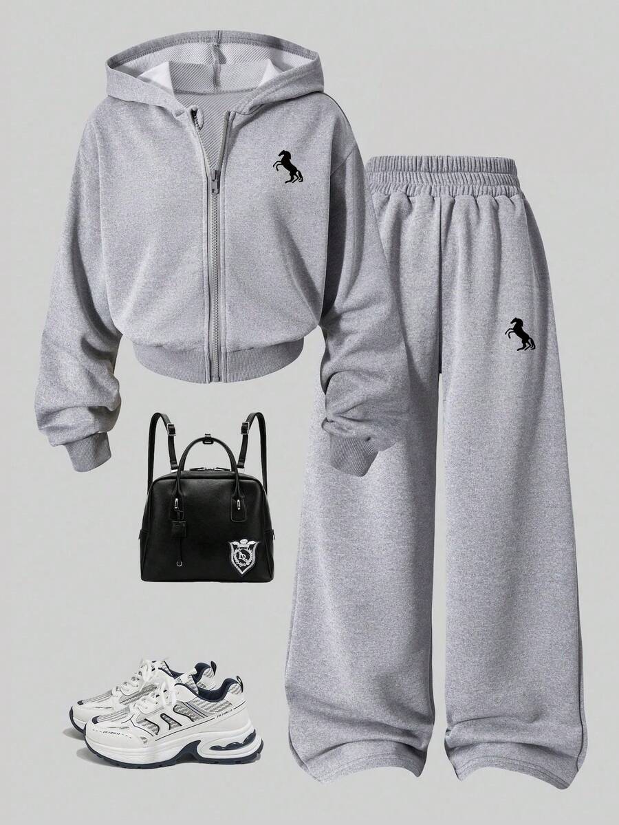Set Pakaian Kasual Sehari-hari untuk Remaja Perempuan: Hoodie Lengan Panjang Bermotif Kuda dengan Resleting dan Celana Olahraga - Grey - View 1
