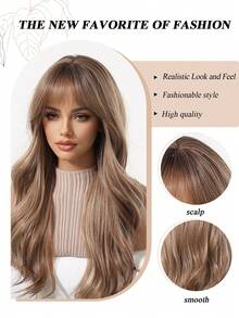 22 Inch Women Light Brown Ash Blonde Balayage Long Wavy Synthetic Wig With Air Bangs, Natural Layered Curly Hair For Daily Office Party Dating Cosplay Heat Resistant High Temperature Fiber - Multicolor - View 3