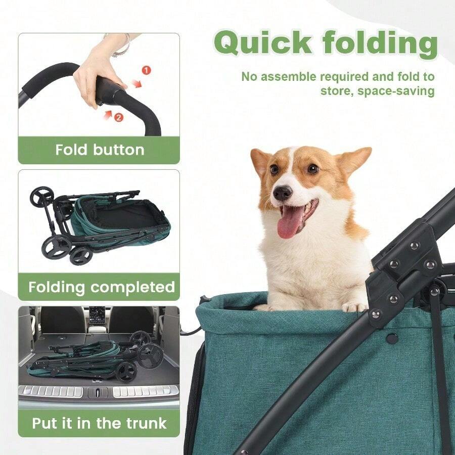 Heavy Duty Pet Stroller For Dogs And Cats Up To 54.43KG, Adjustable Handle, Foldable Dog Stroller With Linen Wrapping, Alloy Steel Frame, Large Animal Stroller For Travel & Outdoor Use - Blackish Green - View 1