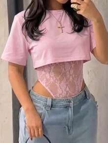 GLAMSKIN 女款秋季性感 2 合 1 短袖連身衣，休閒約會穿著，返校外出穿搭，粉色夏季款 - 粉色 - 查看 7