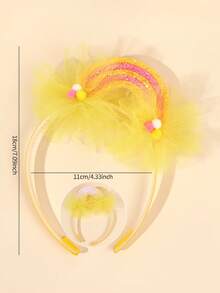 1pc Yellow Glitter Rainbow Tulle Headband For Girls Pom Pom Decor Cute Birthday Party Headwear Daily Hair Band Teens Hair Accessories - Multicolor - View 6