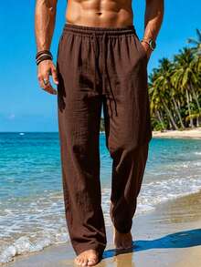 Mercer Haus Men's Brown Linen Long Pants Summer Vacation Style - Coffee Brown - View 3