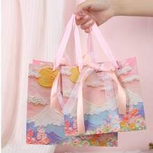Elegant 3D Textured Oil Painting Gift Bag, Pink Floral Mountain Print Paper Gift Tote Bag With Silk Ribbon, Suitable For Bridal Party, Birthday, Holiday Gift Packaging - View 5