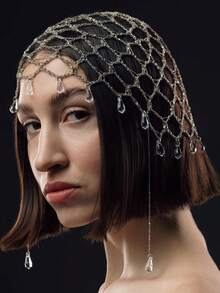 STONEFANS 1pc New Mesh Hair Chain, Elegant Versatile Tassel Headpiece Bridal Chain Hair Accessory - Silver - View 1