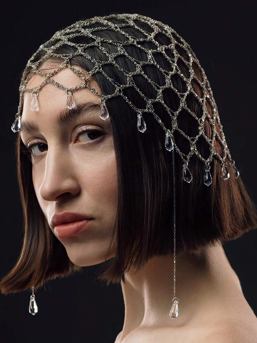 STONEFANS 1pc New Mesh Hair Chain, Elegant Versatile Tassel Headpiece Bridal Chain Hair Accessory - Silver - View 1