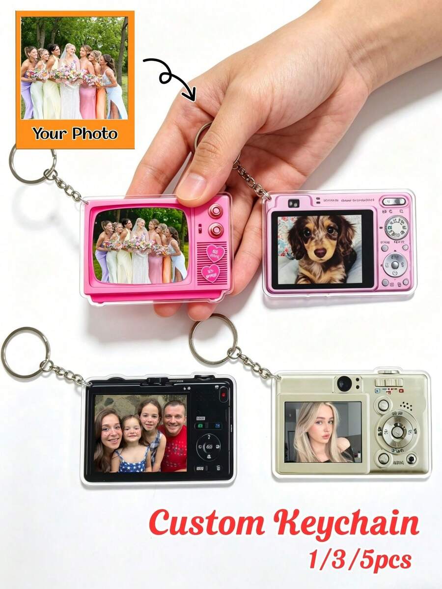 1/3/5pcs Personalized Camera Photo Keychain, Custom Picture Acrylic Keyring, Cute Memory Gift For Family, Friends, Couples, Pet Lovers, Backpack Charm