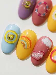 Dopamine-Style 5D Embossed Nail Art Stickers Featuring Colorful Bunnies Hearts And Jelly-Effect Designs Along With Cute Rabbits And Bears For DIY Nail Decoration - 彩色 - 查看 6
