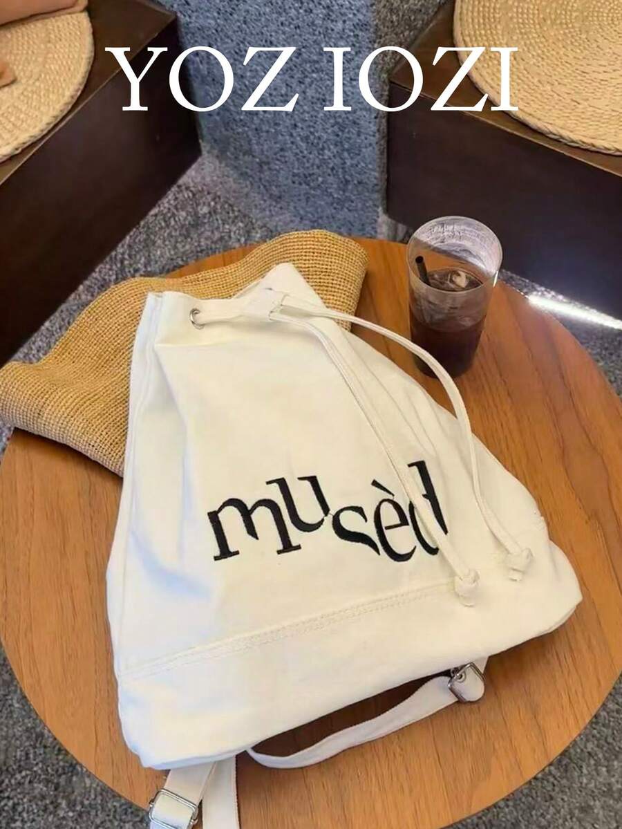 Mochila estilo coreano diseño de nicho estilo INS para ir al trabajo, uso diario, compras y actividades al aire libre, con letras bordadas, gran capacidad, nueva, con cordón, para estudiantes universitarios, de un solo hombro, tipo cubo, bolso escolar - Blanco - Ver 1