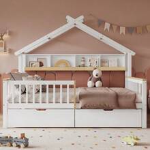 Cama infantil con protección anticaídas y barandilla, diseño de techo único, estante de almacenamiento de 2 m, dos con ruedas. - Blanco - Ver 5