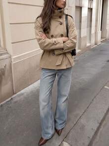 Vusalt Women's Vintage Loose Short High Collar Casual Commuter Trench Coat, Suitable For Women's Outerwear, Spring Clothing, Commuter Office Attire, Daily Wear, Street Fashion - Khaki - View 7
