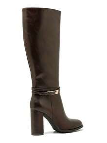 Bottes Hautes In Cuir Lisse à Talon Épais – L'Élégance Graphique Moderne - Brown - View 4