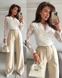 Women's Autumn White Floral Sheer Mesh Cowl Neck Ruched Slim Fit Lace Top, Suitable For Dating, Business Commute, Vacation, Office Wear, Afternoon Tea Gathering, Party And Other Occasions - White - View 4