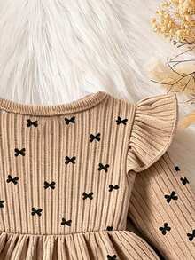 Baby Girl Bow Print Crew Neck Long Sleeve Top And Leggings - Khaki - View 7