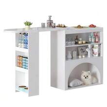 Modern Extendable Bar And Dining Table, Rotating High Small Bar Table – With Pet Area, Without Pet Food Bowl And Pet Cushion, White, Marble-Effect Tabletop, 120(+80)*40*100 Cm - White - View 1