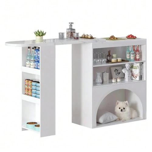 Modern Extendable Bar And Dining Table, Rotating High Small Bar Table – With Pet Area, Without Pet Food Bowl And Pet Cushion, White, Marble-Effect Tabletop, 120(+80)*40*100 Cm - White - View 1