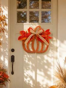1PC Autumn Pumpkin Door Hanging Decor, Thanksgiving Front Door Wreath, Pumpkin Door Sign, Paired With Artificial Maple Leaves, Berries And Burlap Bow, American Farmhouse Style Porch, Wall, Window, Entryway Hanging Decoration, Suitable For Harvest Festival, Seasonal Home Party Decor - Style 1 - View 8