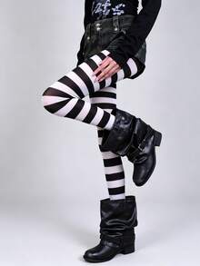 STAR RIVER 1 Pair Black & White Striped Gothic Tights, Y2K Colorblock Leggings, Sweet Lolita Socks, Halloween Cosplay - Multicolor - View 4