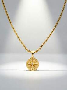 1pc Gold Stainless Steel 18K Gold Plated Twisted Chain With Compass Rhinestone Pendant Necklace, Men's Fashion Style, Suitable For Daily Casual Wear, Decoration, Hip Hop, Street Dance, Party - Gold - View 1