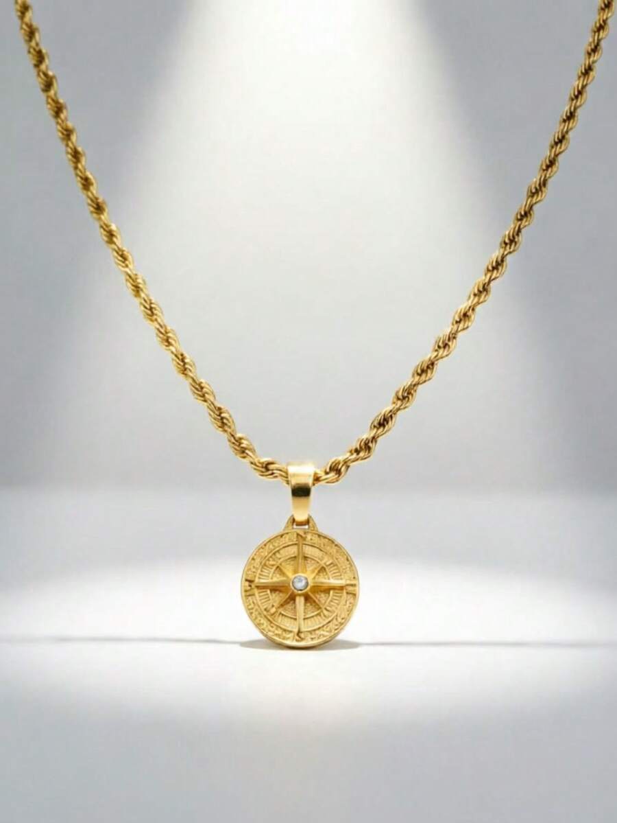 1pc Gold Stainless Steel 18K Gold Plated Twisted Chain With Compass Rhinestone Pendant Necklace, Men's Fashion Style, Suitable For Daily Casual Wear, Decoration, Hip Hop, Street Dance, Party - Gold - View 1
