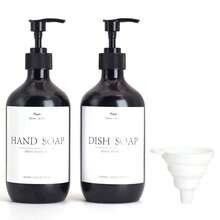 XEXUN 2-teiliges Set - 500ml nachfüllbare Seifenspender, PET-Material Handwasch- und Geschirrspülmittel-Spenderflaschen mit Trichter und wasserfestem Etikett, optionales Bambusablagefach, Arbeitsplatten-Seifenspender mit Druckknopf, geeignet für Küche und Badezimmer-Waschtisch, klare/braune Nachfüllflaschen, einfach nachzufüllen, Badezimmer-Accessoires - Mehrfarbig - Übersicht 22