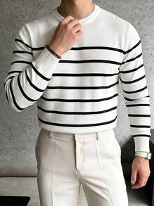 Men's Spring Autumn Fashion Minimalist Black Striped Crew Neck Long Sleeve Sweater - White - View 4