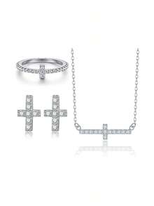 3Pcs S925 Silver Cross Moissanite Jewelry Set For Women, Pendant Necklace Earrings And Ring, Minimalist Layering Jewelry For Daily Wear & Gift For Her - Silver - View 12