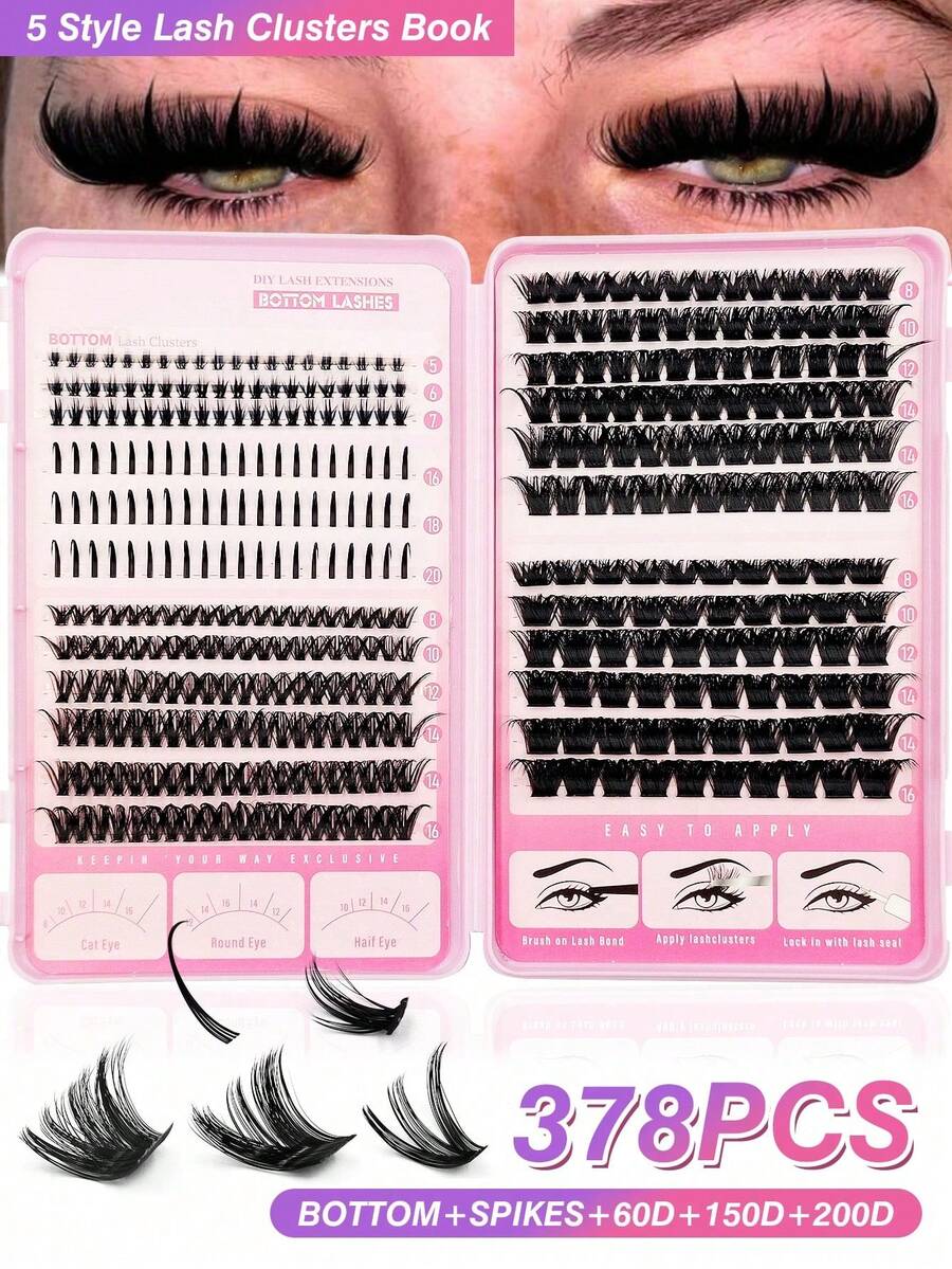 Sibeuna 378 Pcs D Curl High Capacity Eyelashes Book, Bottom Lashes+Spikes Lashes+60D+150D+200D 5 Style Cluster Lashes,Thick&Wispy&Soft&Light,Suitable For Beginners Easy To Use Salon-Quality Long-Lasting False Eyelash Extensions - D - View 1