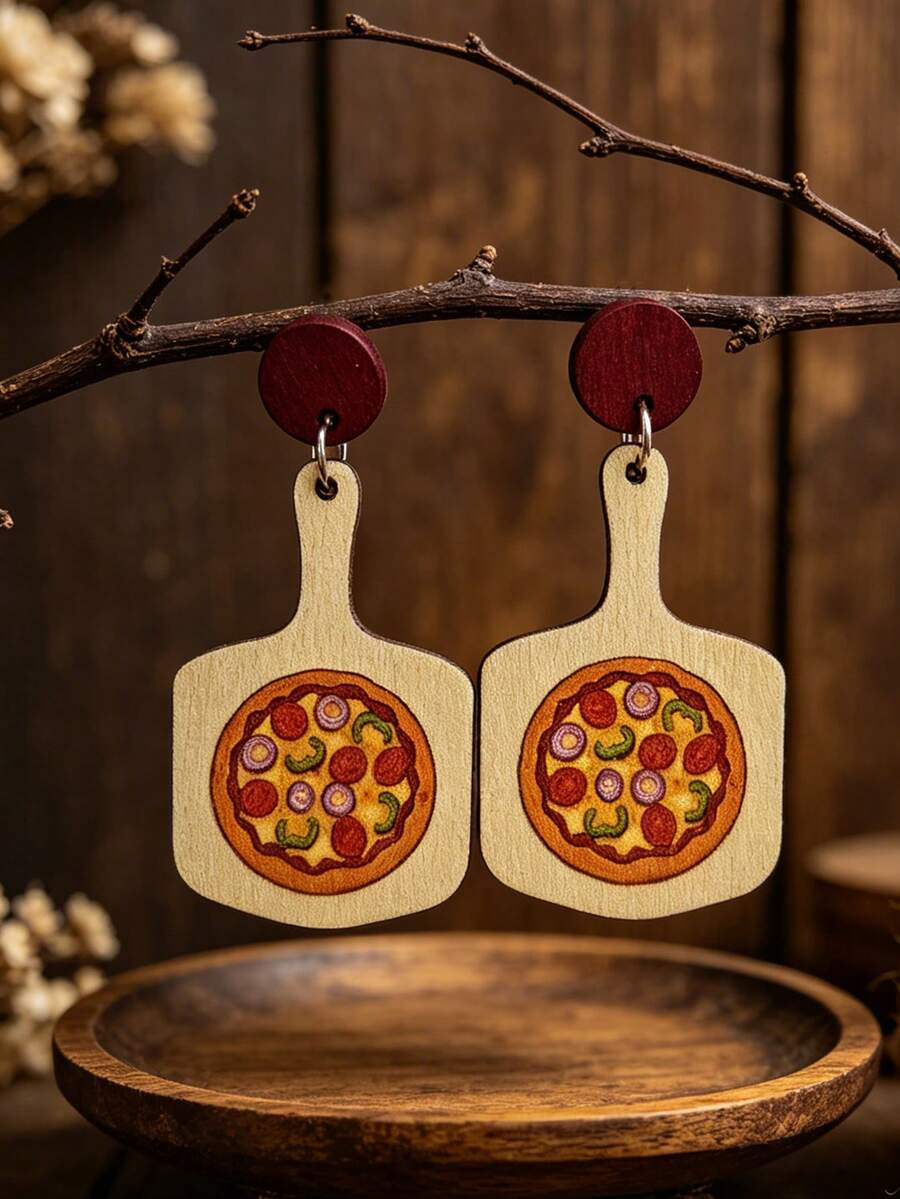 1 Pair Cute Printed Pizza Baking Tray Wooden Slice Earrings, Creative Food Themed Fun Ear Jewelry - Multicolor - View 1