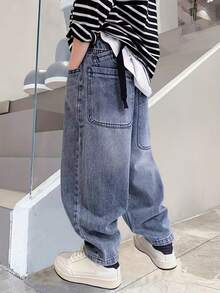 Celana Jeans Kasual Model Lurus Longgar Terbaru untuk Anak Laki-laki - Medium Wash - View 1