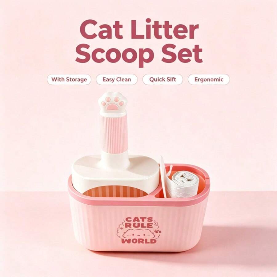1pc Durable Plastic Cat Litter Scoop With Storage Rack Extra Garbage Bag Compartment Easy Clean Quick Sift Ergonomic Design Easy Access Pet Hygiene Supplies For Multi-Cat Family Indoor Kitten Daily Use 2026 Practical Pet Accessories Gift - Multicolor - View 1