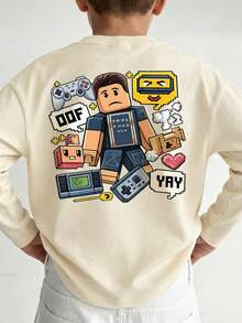 Boys Pixel Game Character Back Print Long Sleeve Tee, Casual Loose Fall T-Shirt - Apricot - View 1