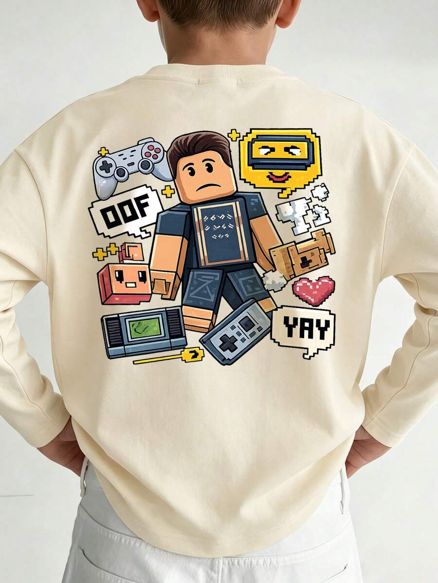 Boys Pixel Game Character Back Print Long Sleeve Tee, Casual Loose Fall T-Shirt - Apricot - View 1