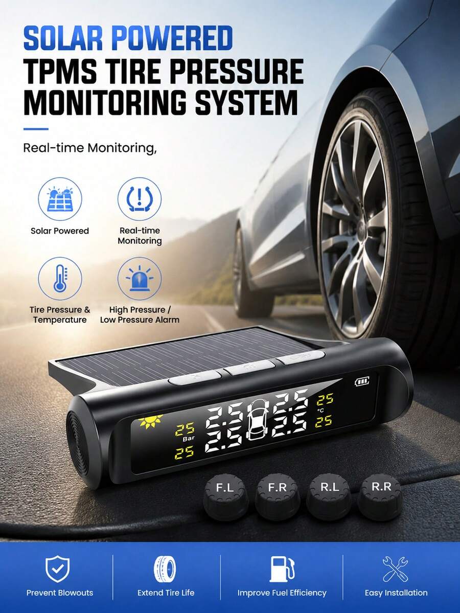 Car Tire Pressure Monitoring System Solar-Powered Auto Tire Pressure Sensor Digital Display For Real Monitoring Fit For Cars And Rvs - A - View 1