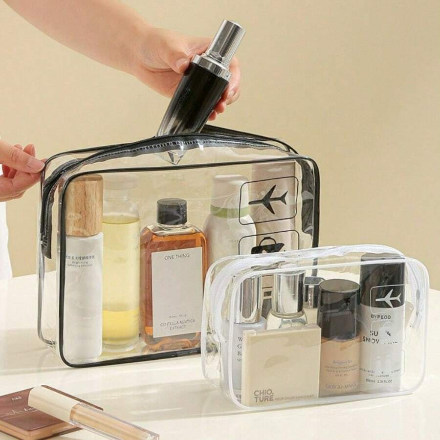 1pc Thickened PVC Clear Toiletry Bag, Large Capacity Portable Waterproof Handheld Cosmetic Storage Bag For Travel - Multicolor - View 1