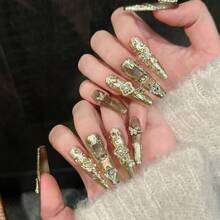 10 Stück handgefertigte extra lange Sarg-förmige Nagelspitzen, exquisite Kunstnägel, luxuriöse Vintage-Gold-Strass- & Zirkonia-verzierte aufwendig handgefertigte Press-On-Nägel, eleganter Luxusstil für Frauen - Mokka-Braun - Übersicht 4