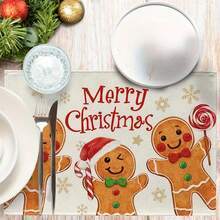 1pc/4pcs New Christmas Gingerbread Man Burlap Table Runner, Creative Linen Waterproof Tablecloth, Cartoon Printed Heat-Resistant Placemat, Restaurant Atmosphere Prop, Christmas Party Decoration, Home Kitchen Dining Table Decor, Indoor Outdoor Family Gathering Supplies.,Christmas - Multicolor - View 7