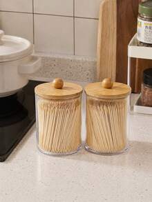 1/2/4 Packs Clear Bathroom Storage Jars With Bamboo Lids, PS Plastic Cotton Swab Holder For Dental Floss Picks, Toothpicks, Cotton Balls, Makeup Pads, Vanity Countertop Organizer - Multicolor - View 3