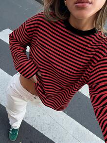 Camiseta de cuello redondo de mujer con mangas raglán a rayas, bloque de color rojo y negro, de punto acanalado, para uso diario en primavera - Rojo y negro - Ver 4