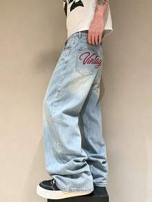 Loose-Fit Jeans Men's Streetwear Denim Pants, Loose Fit Cotton Denim Jeans With Pocket Design, Loose Fit Digital Print Cargo Style Light Color Denim Pants, Streetwear Y2K Style Best Friend Series - Light Wash - View 4