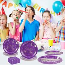 75PCS Happy Birthday Paper Plates And Napkins Set-Disposable And Sliver 7IN Party Dessert Plates 6.5IN Napkins Gold Forks Tableware Set For Birthday Wedding Graduation Party Decoration Serve 25 - Purple - View 5