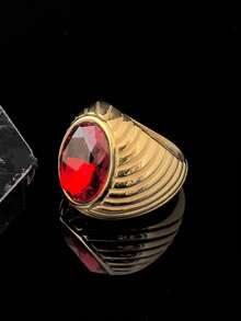 SEEKGLEE 1Pc Golden Plated Women's Statement Ring, Red Cubic Zirconia Inlay, Vintage Striped Textured Band, Fashion Jewelry For Daily Party Wear - Gold Ring - View 5