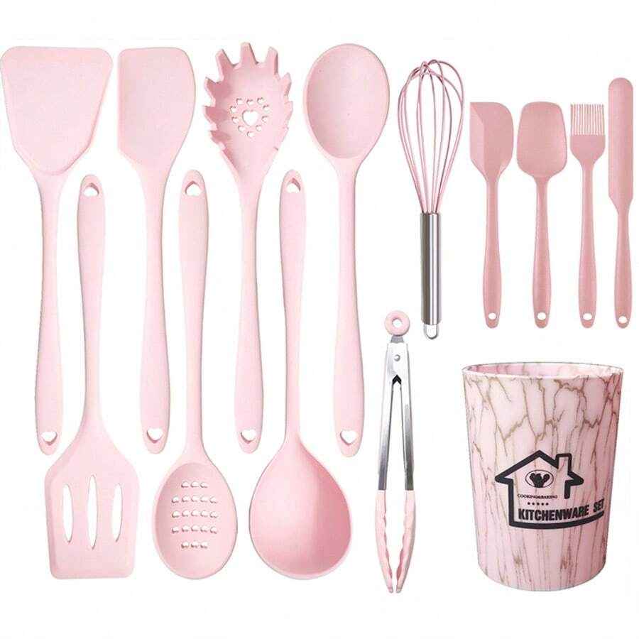Non-Stick Silicone Kitchen Utensil Set, Heat-Resistant Cooking Tools, Kitchen Utensil Set, Includes Spatula, Soup Spoon, Strainer, Scraper, Brush, Food Tongs, Pasta Spoon, Heat-Resistant Silicone Kitchen Tools - Pink - View 1